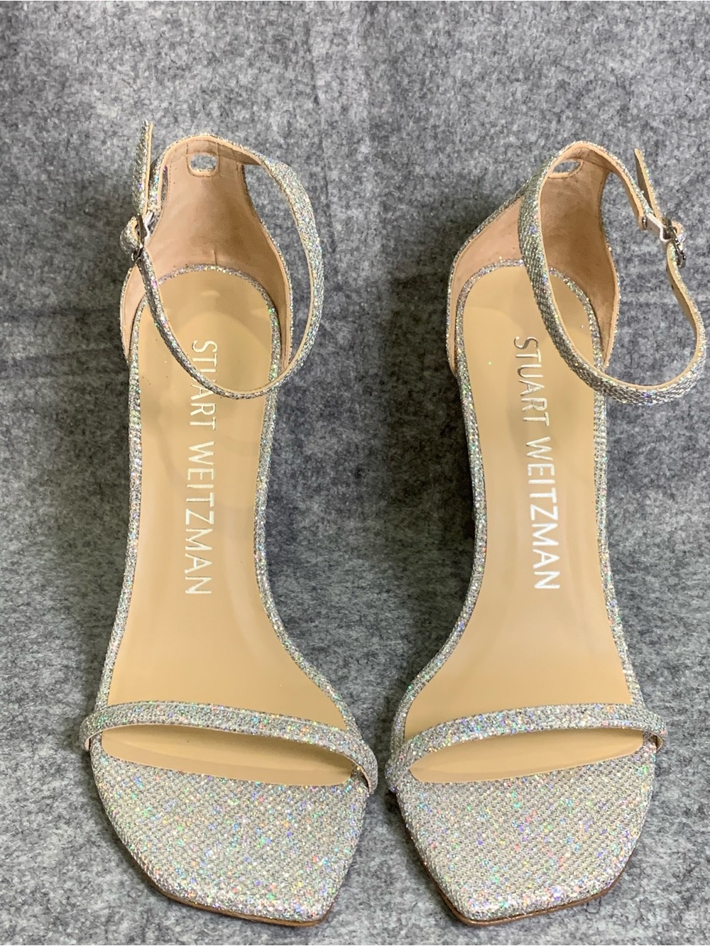 Stuart Weitzman Nudistsong Silver Glitter Ankle Strap Heels Size 9 NWT